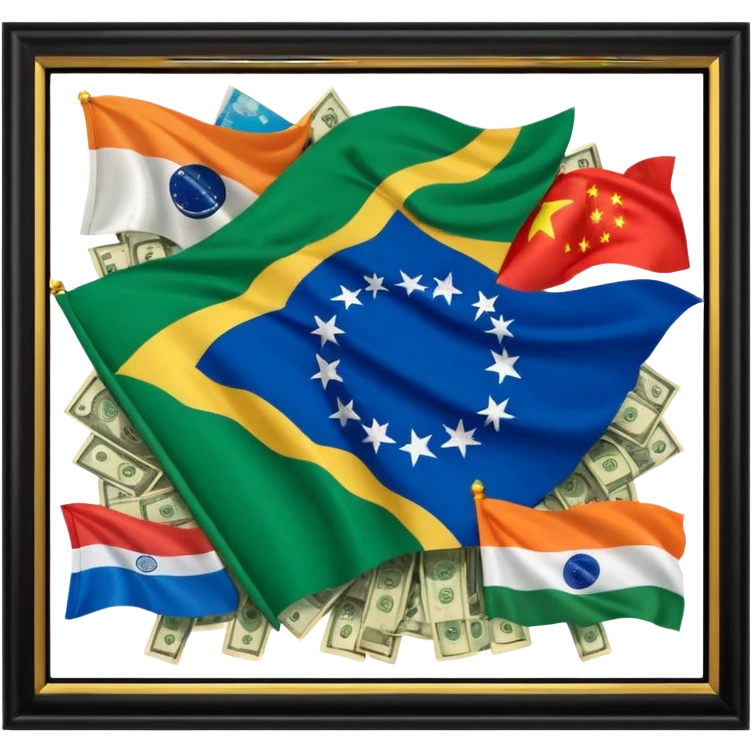 money flowing from emerging finance and energy industries. showing flags about Brazil, India, China, Russia, and the Gulf States emoji