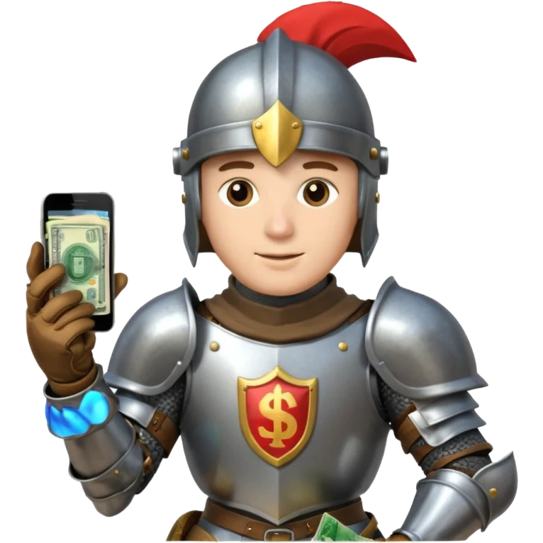 Knight with helmet holding phone and money neutral skin colour emoji