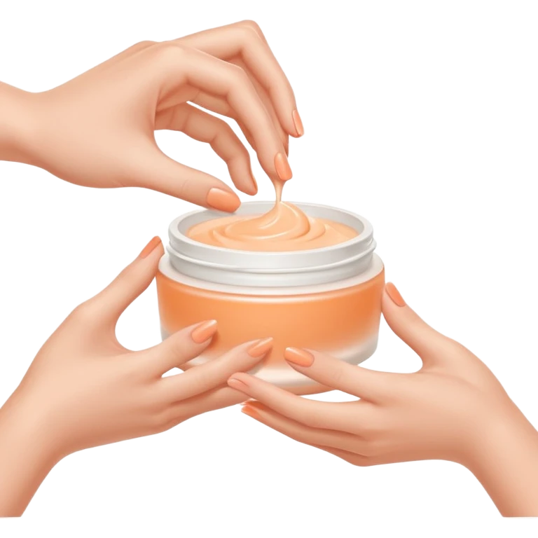 Minimal emoji of hands gently applying skincare cream, soft nude and peach tones, clean beauty aesthetic, calm and elegant, subtle glow emoji
