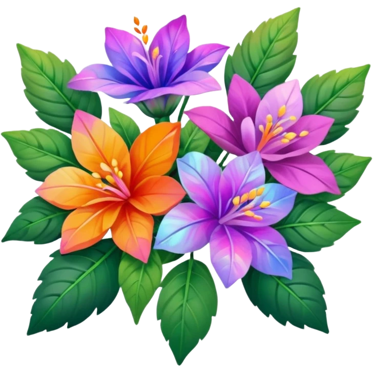 bouquet. resolution of 5000x5800 pixels. transparent background. design should emphasize clean, thin, smooth lines to enhance the visual appeal. Bouquet of lush mixed flowers should be depicted in purple, pink, orange iridescent, holographic, hues. Surround the flowers with realistic leaves, 8k emoji