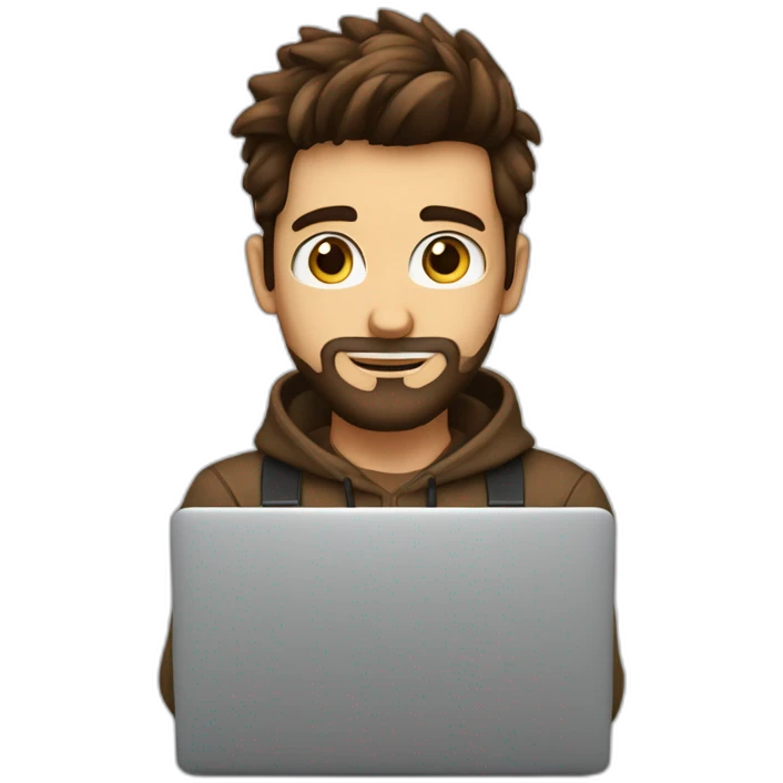 No glasses Cute programmer on his laptop looking front with a brown quiff as a hair and brown eyed with a bit of a beard emoji