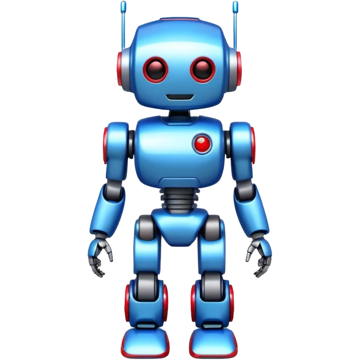 generate cute full body robot glossy, realstic, red and blue color, add text on chest "LMX" emoji