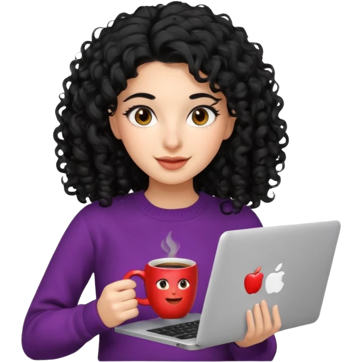 young Persian woman, 20 years old, black curly hair, wearing a sweater, coffee mug beside laptop, cheerful, 3D Apple emoji style emoji