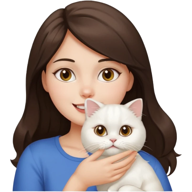 brunette girl holding a white Persian cat close to her face, both with happy expressions, apple emoji style emoji