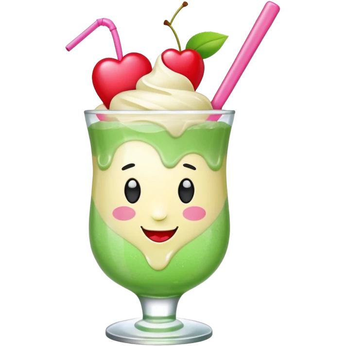 Cute emoji-style illustration of a green soda float with ice, vanilla ice cream scoop, two red cherries, pink heart-shaped straw, simple shapes, bright colors, glossy, kawaii style, centered, transparent background
 emoji