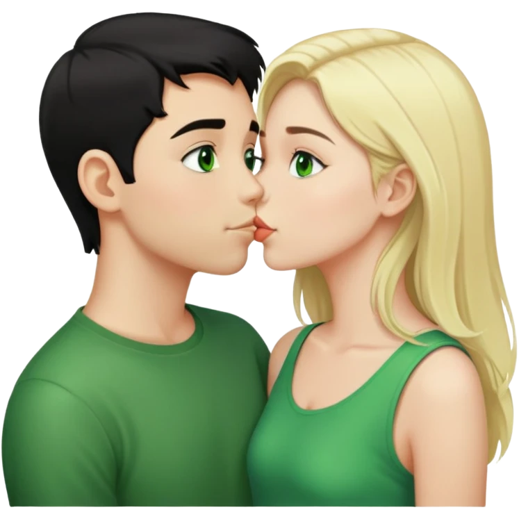 Kissing couple of boy with short black hair and green eyes and blonde girl with long hair emoji