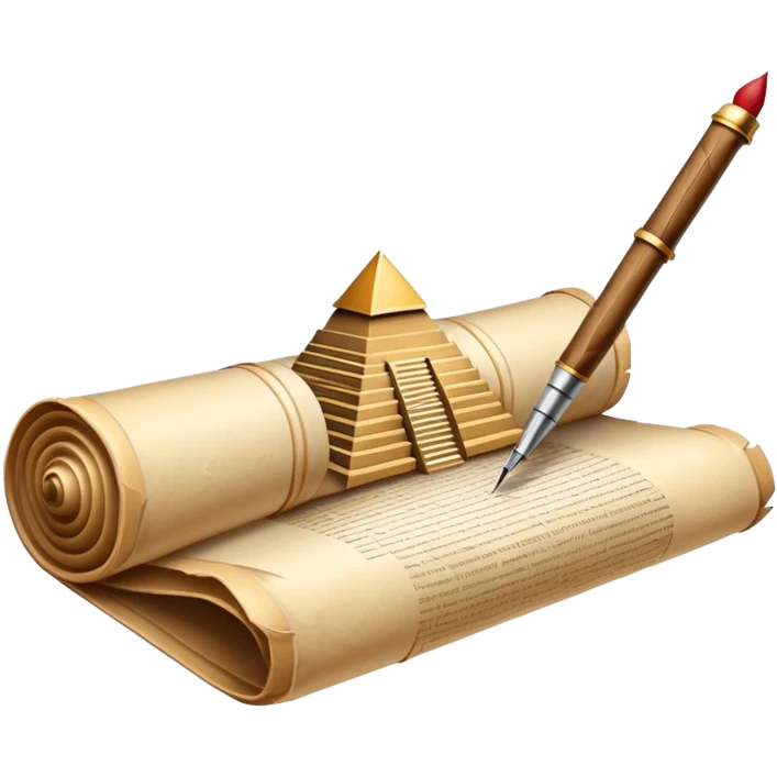 An icon showing a rolled parchment scroll, a quill pen, and ancient landmarks like pyramids and columns in the background. The design symbolizes the study of past civilizations, events, and heritage. Transparent background emphasizes the timeless exploration of human history. emoji