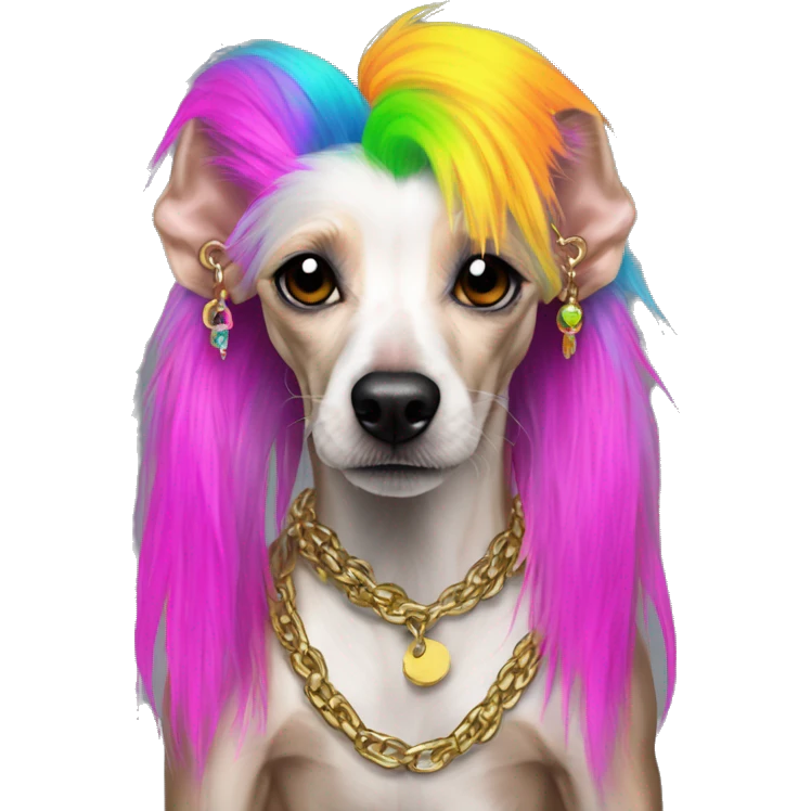 Punk Chinese crested dog neon rainbow hair gold chain punk piercings tattoos punk ear piercings emoji