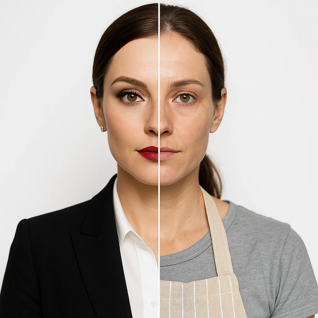hyper realistic split-image of a woman, one half with elegant makeup and business suit, other half natural, homemaker apron, white background, symmetrical, clear contrast emoji