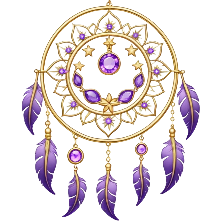 Epic beautiful gorgeous cute gold suncatcher, threads with shiny sparkly amethyst gemstones, flowers, crescents-moons, stars, violet Feather emoji