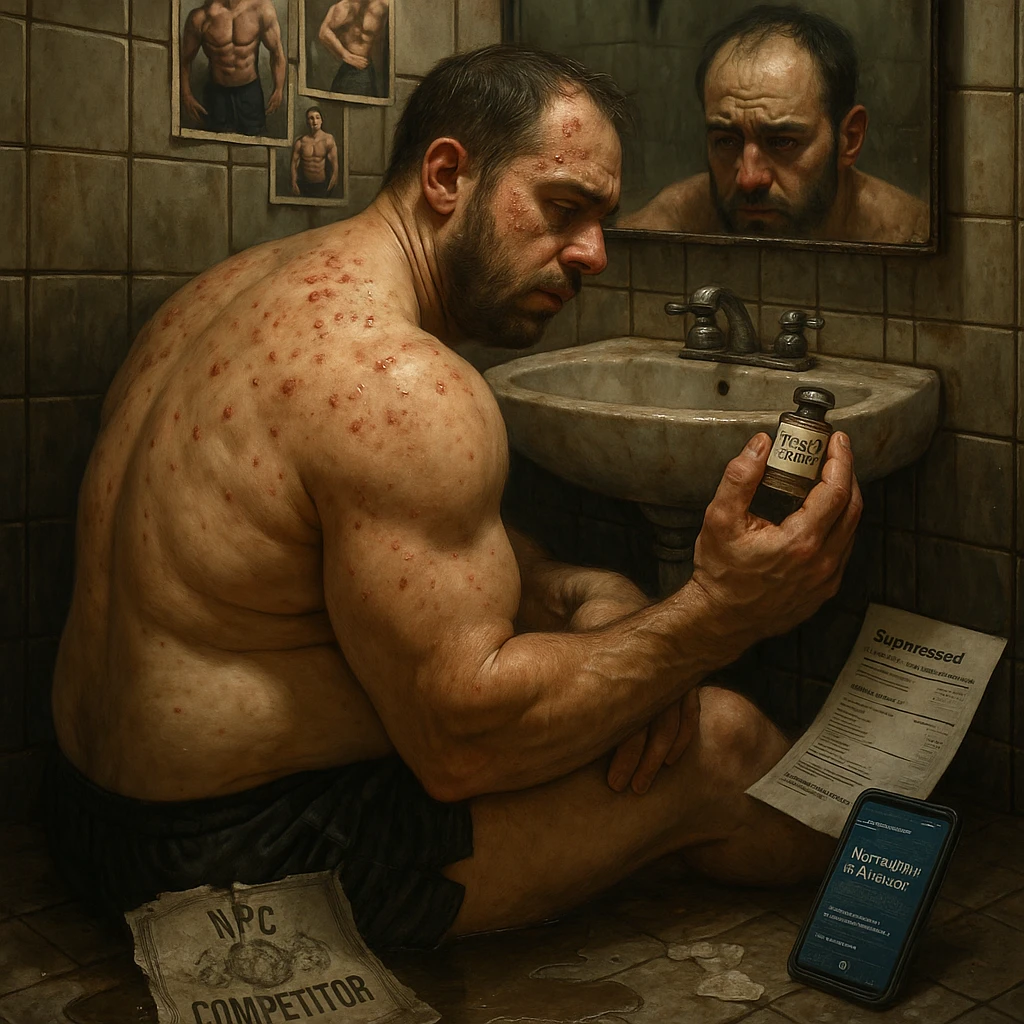 A 35-year-old bodybuilder sits shirtless on a bathroom floor, clutching an empty vial labeled "Test E 250mg". His physique shows the paradox of PED abuse: bloated stomach (high estrogen), but zero exceptional muscle gains.  

Hyper-detailed elements:  
- **Needle marks** (track lines) on glutes with fresh bruising  
- **Acne clusters** on shoulders (CYP-induced)  
- **Lab papers** showing crashed LH/FSH (HPTA suppression)  
- **Phone screen** glowing with forum posts: "No risultati in 8 weeks"  

The mirror reflects his exhausted face (dark circles, receding hairline) contrasting with gym selfies on the wall showing his younger natural self. A torn "NPC Competitor" certificate floats in dirty water.  emoji