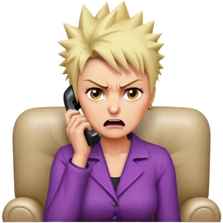Short Blonde spikey mature woman on the phone angry sat on the sofa emoji