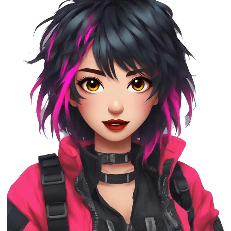 Gorgeous bright colorful neon techwear anime style lady with blushing face aesthetic and pretty edgy black red punk messy hair with collar and harness trending style emoji