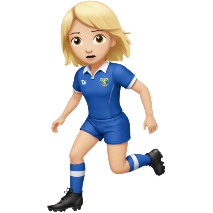 chica rubia con cara de miedo vestida con equipación de rugby con unas botas inflables emoji