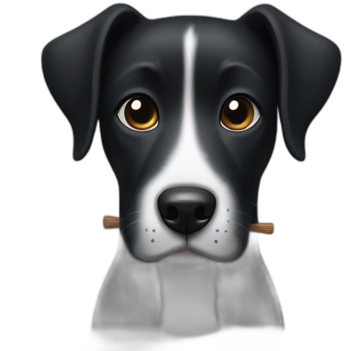 black dog with white chin and chest and stick in mouth emoji