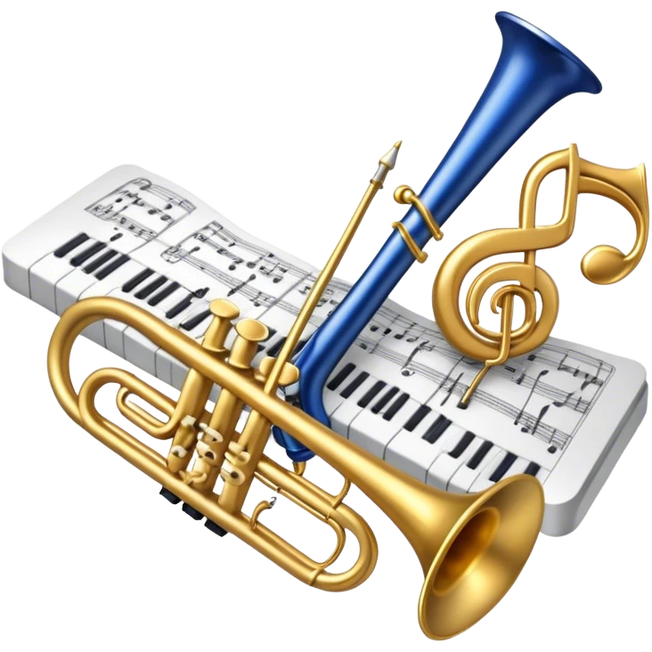 Create an elegant and refined emoji that represents orchestration and arrangement. The design should feature a musical score or sheet music with various orchestral instruments like a violin, a trumpet, and a grand piano subtly integrated into the composition. Add a conductor's baton, symbolizing the guiding hand of orchestration, and flowing musical notes that move between the instruments. Use rich, classic colors like gold, silver, and deep blue to evoke the sophistication of orchestral music. The background should be transparent, with a touch of intricate details to represent the complexity of orchestration. emoji