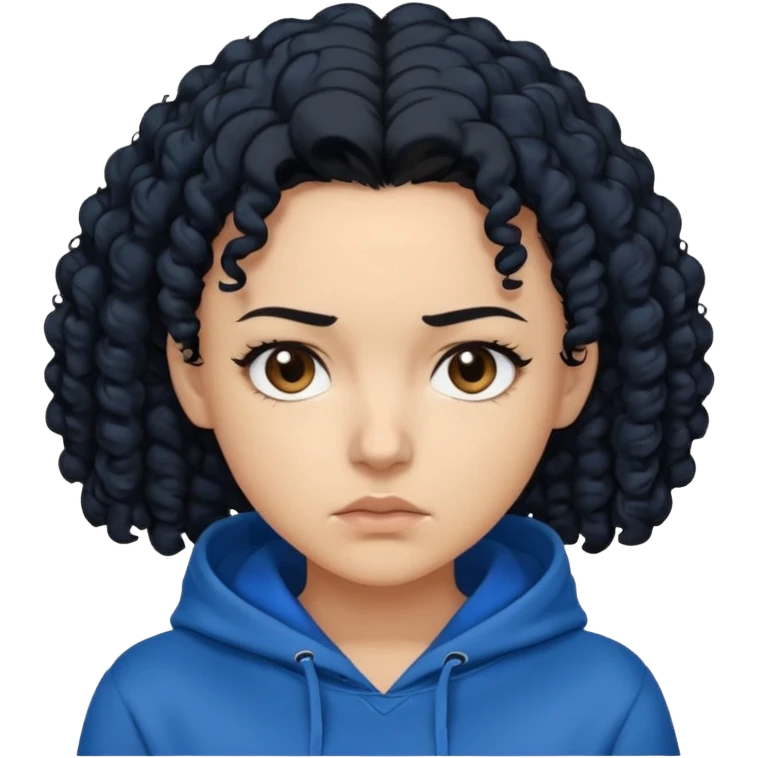 A woman with curly black hair, wearing a blue-black hoodie, and a slightly serious expression on her face. emoji