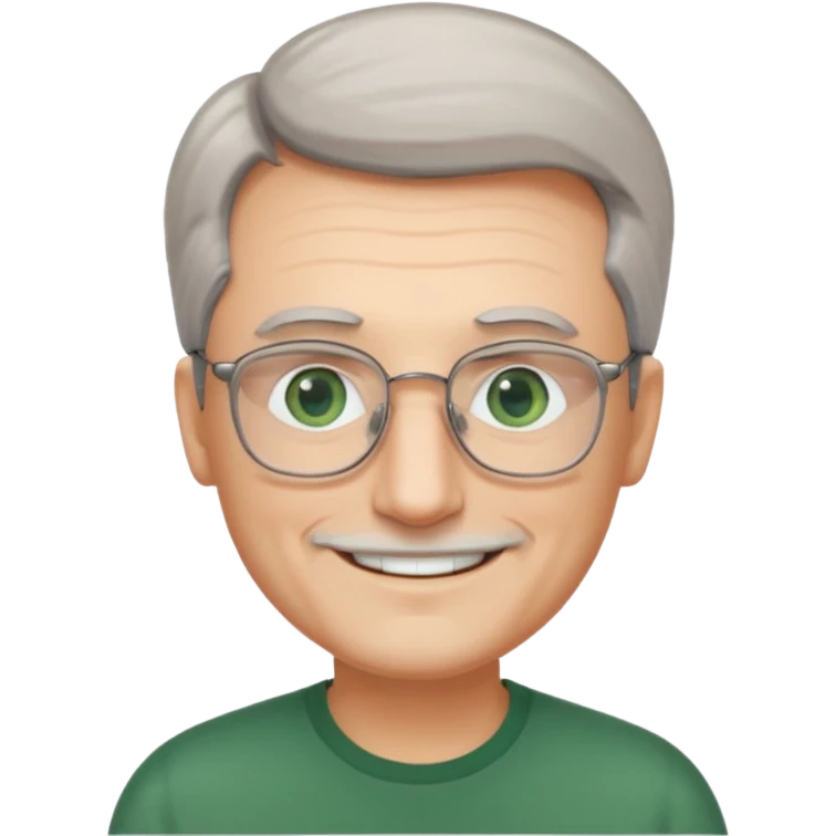 Man with receding hair, grey hair only on the sides, green eyes, rectangular reading glasses, rounded clear face, with a smile emoji