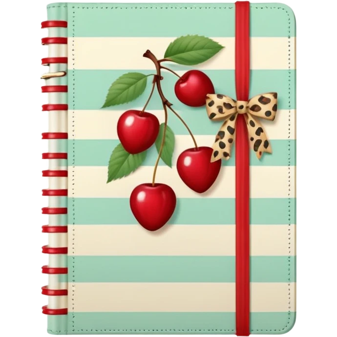Cute vintage notebook cover, mint and cream vertical stripes, red spine
Hand-drawn cherries with leopard bow, playful feminine aesthetic
Flat illustration, clean composition, soft retro color palette emoji