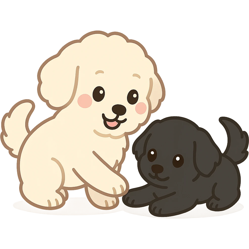 large light cream colored goldendoodle and small black golden retriever, chibi style, playing together emoji