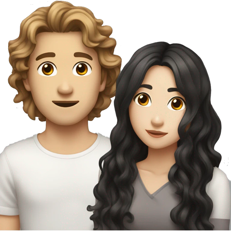 Make a guy that is young with brown hair and wavy medium  long hair  kiss a Asian white with medium long wavy black hair  emoji