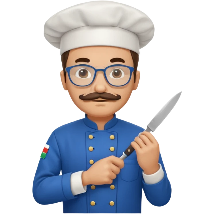 italian chef, blue uniform, with mustace, wearing glasses, holding knife emoji