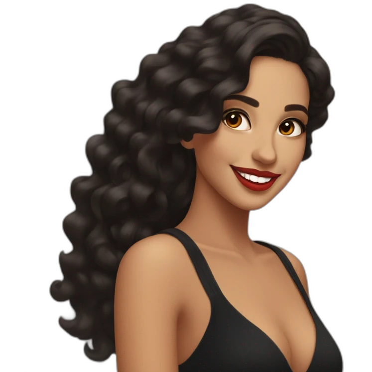 young moroccan woman with dark brown eyes, dark long curling hair, red lips, big smile, black dress emoji