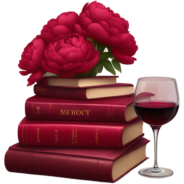 A crimson stack of books with deep red peonies and a glass of red wine emoji