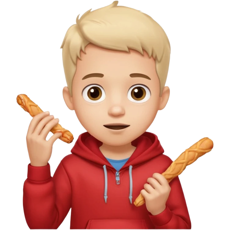 ute funny Spanish cartoon boy named Peque Tito, red hoodie, denim shorts, big expressive eyes, holding a churro, Pixar-style, viral character.” emoji