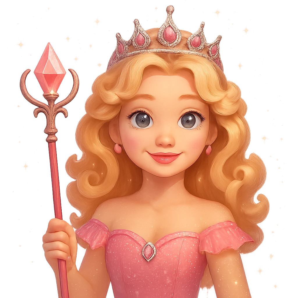 Change Glinda's dress to pink, keep her smiling expression, curly blonde hair, tiara, and wand. Remove the background. The style should resemble a cheerful fairy tale character with a magical and sparkly appearance. emoji