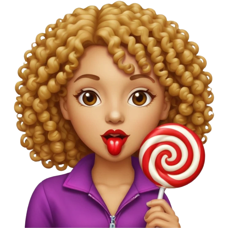 Light skin women with curly hair licking a lollipop emoji
