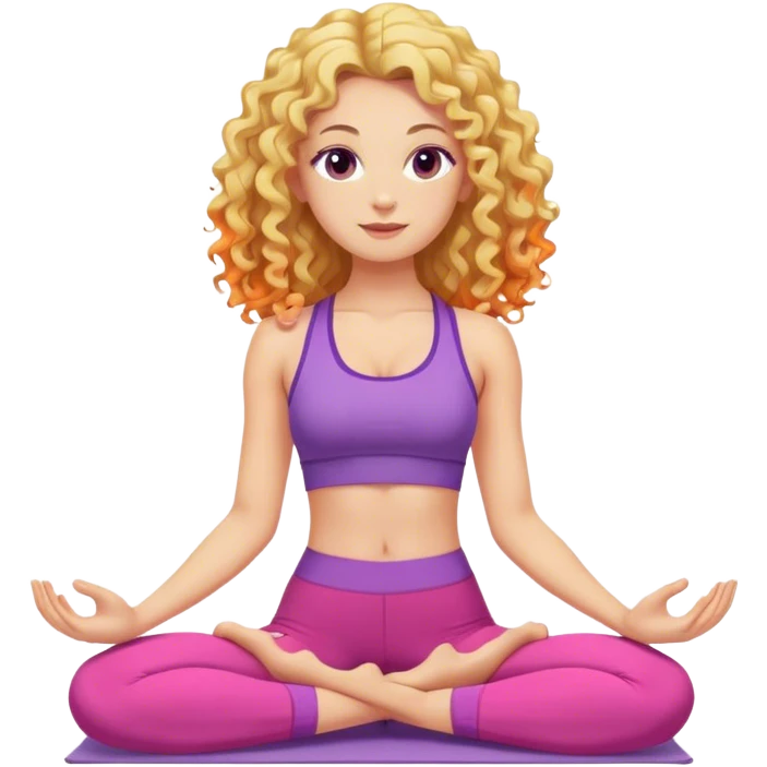 Blonde curly long hair lady doing yoga with pink, purple and orange clothes  emoji