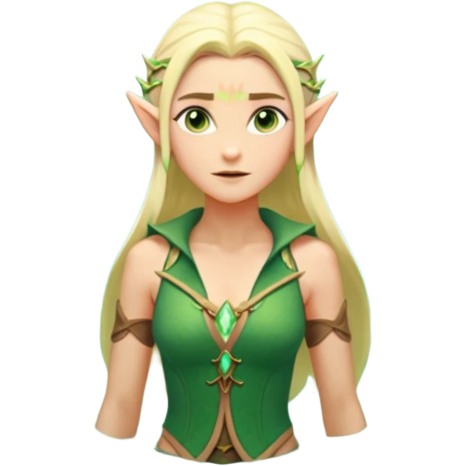 elf female legolas wading in shallow tide pool, palm emitting soft green light to heal glowing coral, practical open vest over bare chest, determined gaze, pointy ears, vibrant underwater plants, centered emoji, nature guardian summer emoji