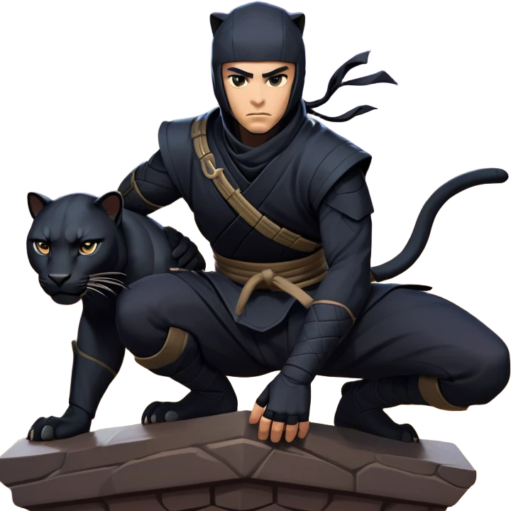 clash-of-clans-aesthetic_-cinematic-mysterious-male-ninja-portrait-emoji, rendered in a flat, vector-style with minimal shading and bold, simplified shapes, with a head slightly turned revealing intense, focused eyes, perched atop a sleek, agile panther with glossy fur moving silently through shadowed urban rooftops and moonlit alleyways. emoji