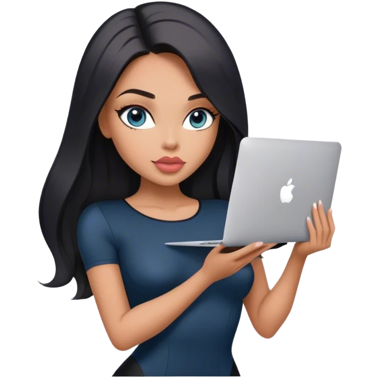 Glamours, tanned, very beautiful girl, with big pump peach-beige-rose lips, black straight smooth silky long hair, straight parting, blue-grey eyes, in short sleeves black bodysuit holding MacBook emoji