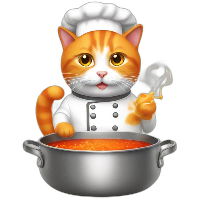 orange and white cat wearing chef hat cooking radioactive chili soup emoji