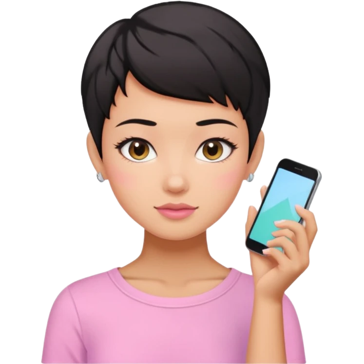 tan girl pink shirt with black hair & a pixie cut no earrings doing cute pastel colors skin care emoji