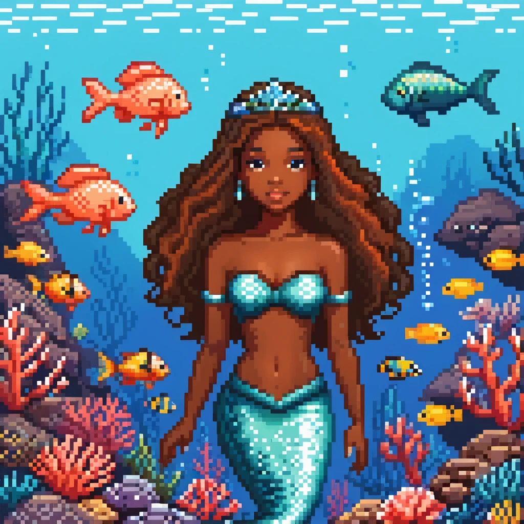 Dark brown skin beautiful mermaid princess in ocean setting with coral reef and fish emoji