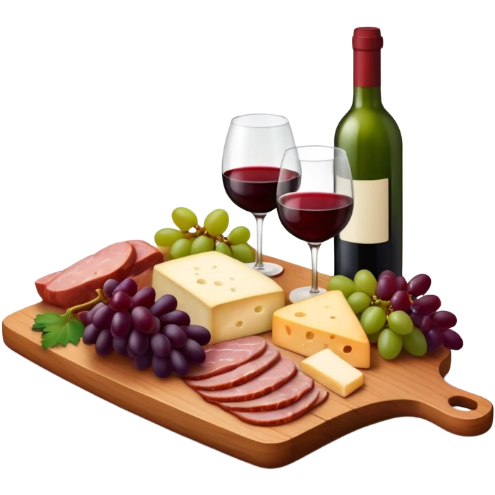 Wooden charcuterie board with meats, cheese, grapes, wine glass filled with red wine, and green wine bottle, cozy rich aesthetic emoji