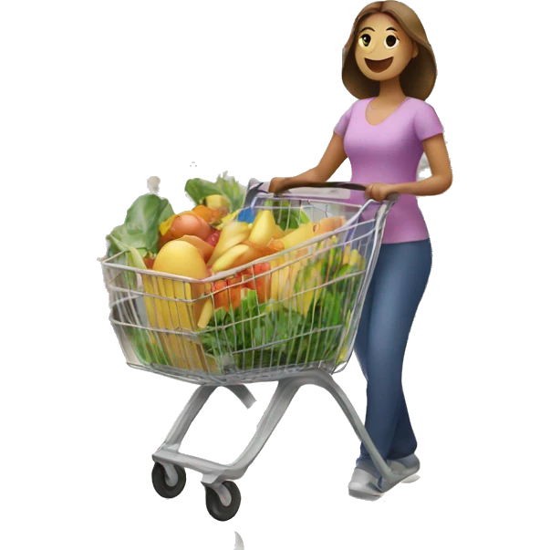 a woman with a wheelbarrow full of groceries is shopping in a supermarket emoji