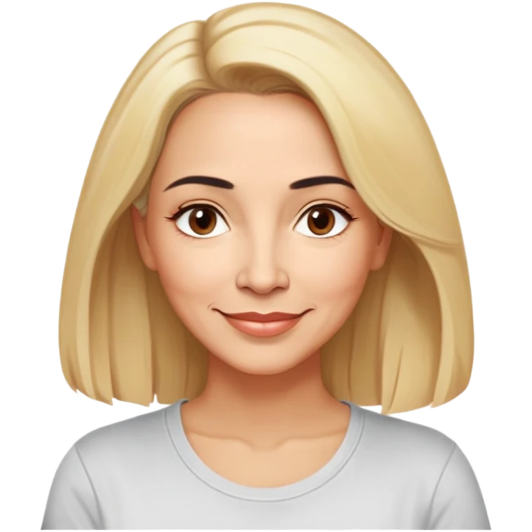 Puerto Rican actress Linette Torres in her 50s with warm light skin, sweet loving expression, gentle kind eyes, well-defined eyebrows, straight nose, warm nurturing smile, shoulder-length blonde hair, wearing a comfortable casual t-shirt emoji
