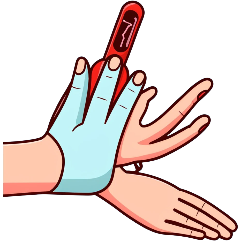 Forearm with allergy skin prick test showing red reaction bumps, 5 fingers visible at the wrist, medical procedure emoji