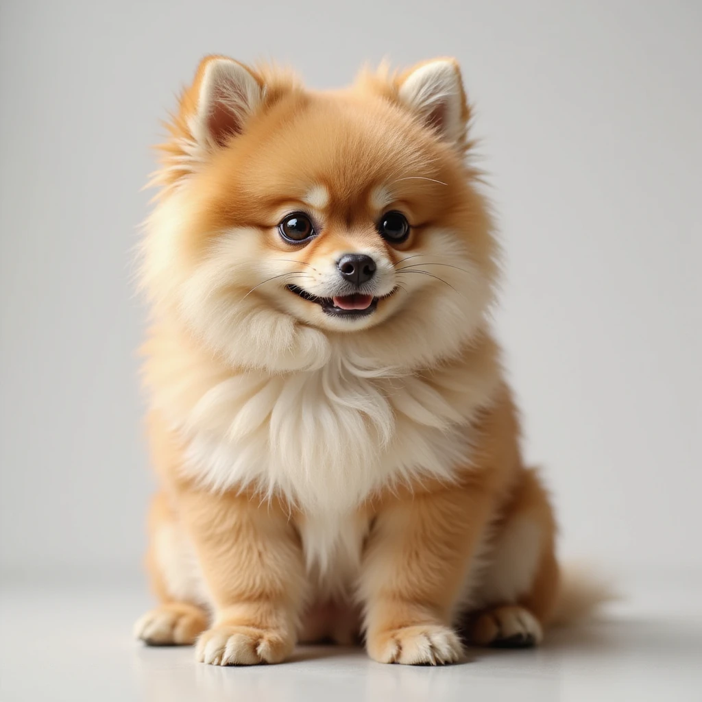 realistic Pomeranian dog, fluffy fur, sitting, photorealistic style emoji