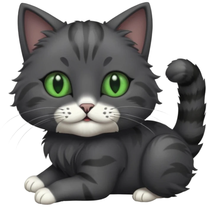 solid dark grey cat with green eyes, fully grey face, white toes/paws playfully rolling upside down emoji