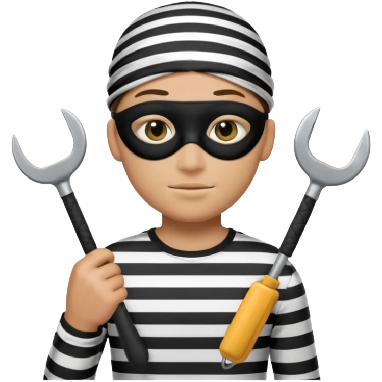 Thief emoji with striped black and white shirt eyemask and thief stuff emoji