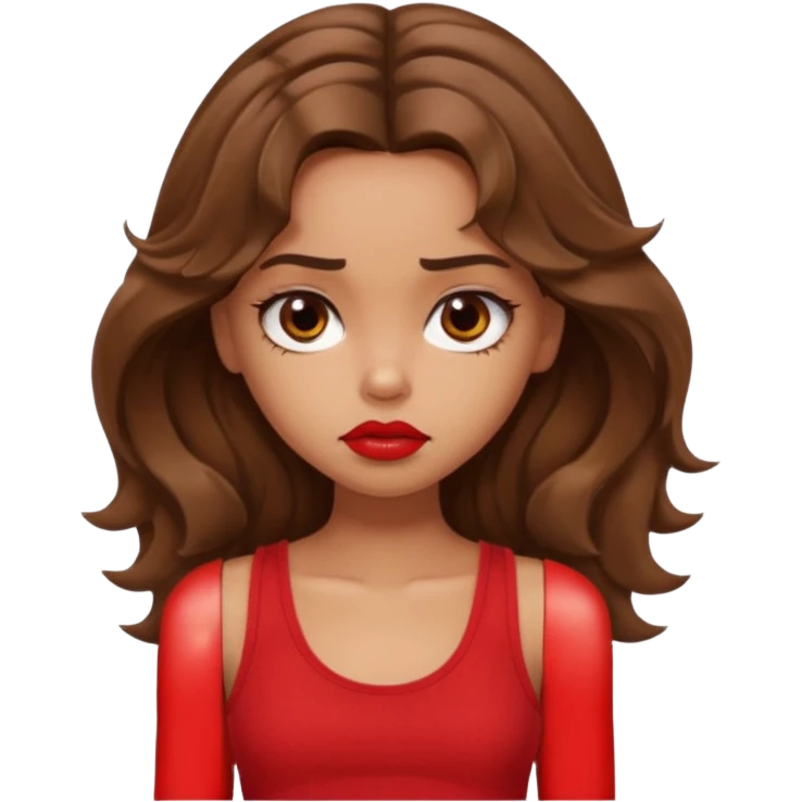 generate a pretty tan bratz girl with brown wavy hair long wearing a red tank top, red lipstick. Looking sad emoji