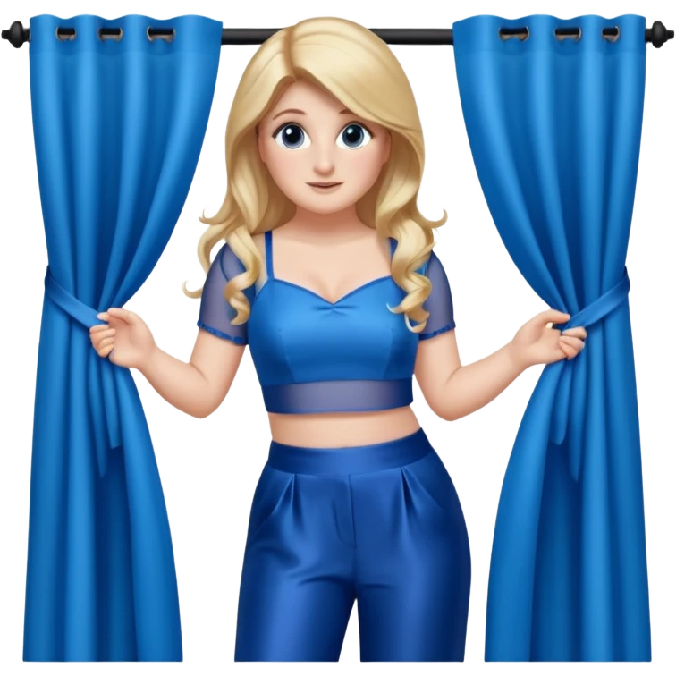 Meghan Trainor dressed in blue crop and blue silk pants holding blue curtain  emoji