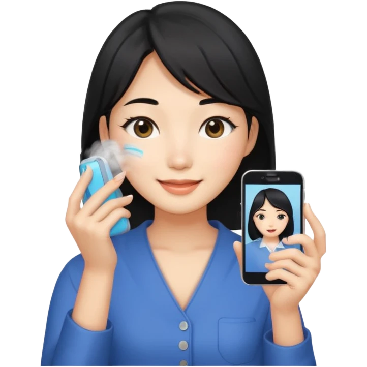 a korean cosmetics marketing expert women with black hair, holding face-mist and phone with smile on emoji