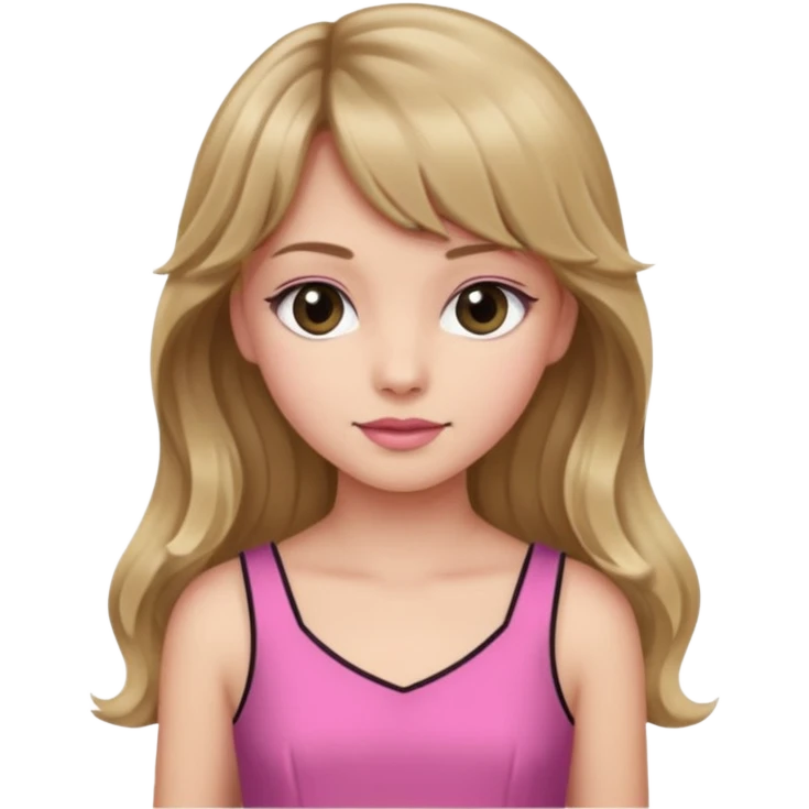 Uma garota de cabelo ondulado loiro escuro,mas com franja lisa e olhos pretos, e a cor de pele branca,e o cabelo LONGO  emoji