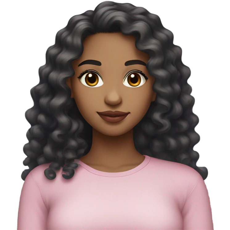 A mixed girl with long black wavy-curly hair, brown eyes, long lashes, noticeable blush, pink lips, and a tight grey long-sleeve top. emoji